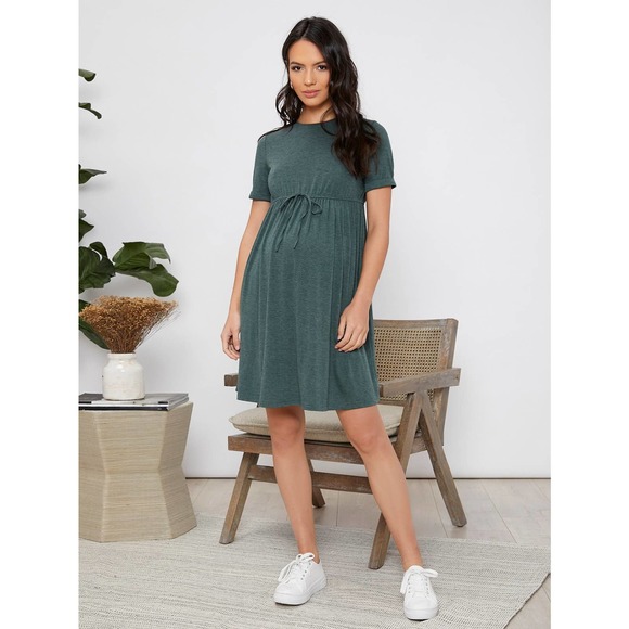 Maternity short sleeve Knot Waist mini Dress olive green - Picture 4 of 12